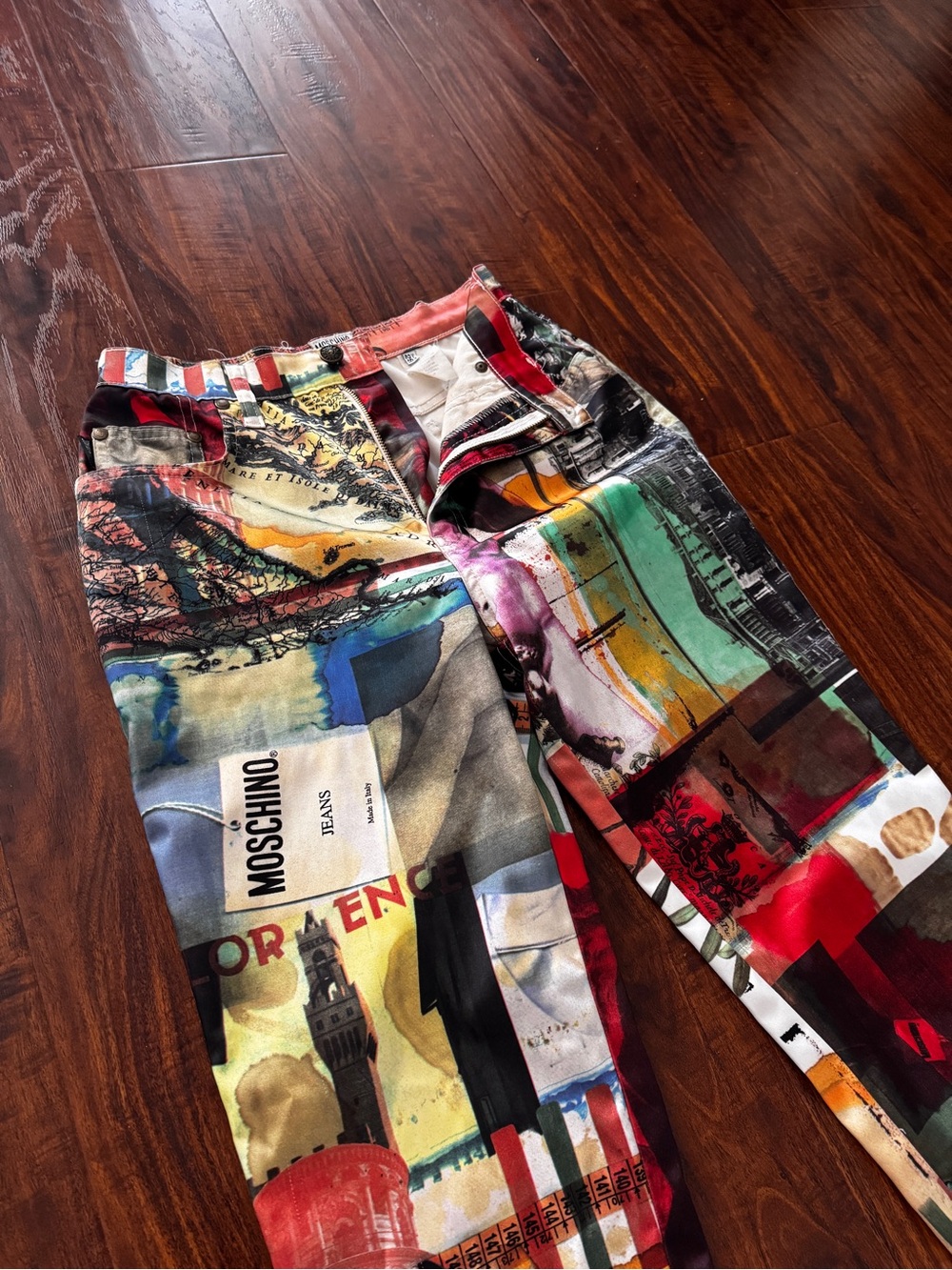 Vintage Moschino Women Multi-Color Graphic Newspaper Print Satin Pants